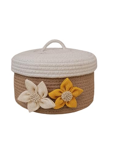 Image of Round Cotton Storage With Lid Gift Basket for Closet Wardrobe Packing, Wedding Organizer, Eco- Friendly Bins Organizer (Beige and White) for Home, Office with Handcrafted Jute Flowers.