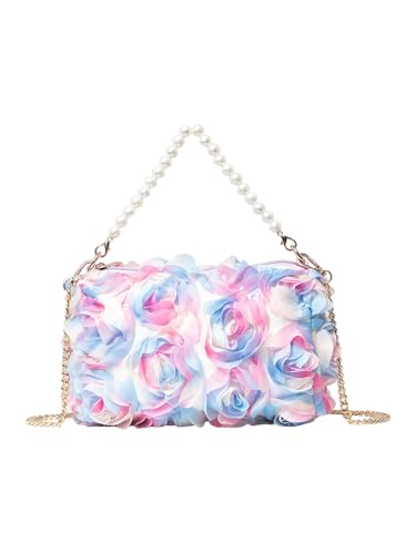 QWINEE Women's Faux Pearl Clutch Bag Flower Shape Small Crossbody Bag Evening Satchel Bag Tote Handbags Prom Bags Pink and Blue One Size