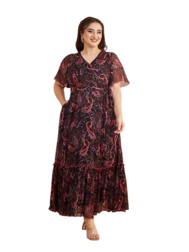 Image of Miss Chase A+ Women's Bohemian V-Neck Flutter Sleeve Chiffon Relaxed Fit Wrap Maxi Dress
