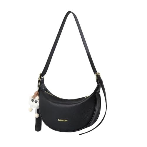 Bolsa Feminina em Couro Sintético Com Chaveiro Decorativo Incluso- Formato Meia-Lua Moderna para Ombro/Transversal, Estilo Baguete com Zíper Oculto (Preto)