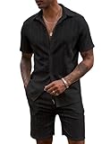 URRU Men's 2 Piece Short Set Summer Beach Outfits Ultra Breathable Hollow Out Jacquard Button Down Shirt and Shorts Matching Sets, Black, Medium
