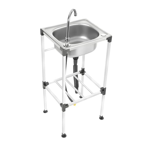 Fregadero de cocina de acero inoxidable independiente, multifunción, fregadero de cocina con grifo de agua fría, lavabo individual móvil, para cocina, baño, 38 x 33 x 83 cm, plata