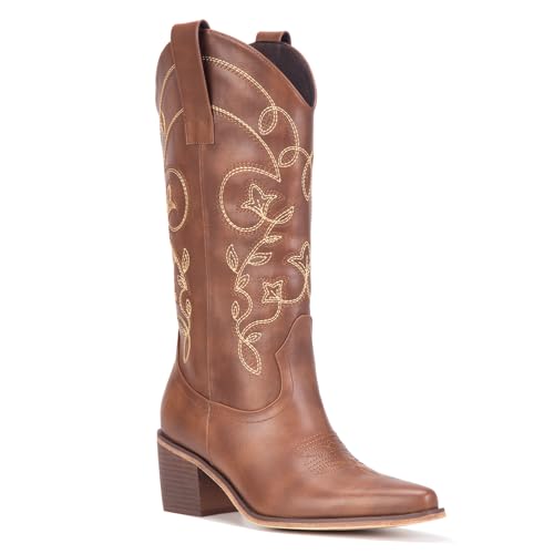 Wide Calf Cowboy Boots for Women Embroidered Cowgirl Boots Mid Calf Women's Western Cowboy Boot Fashion Pointy Toe Cowgirl Boot Pull on