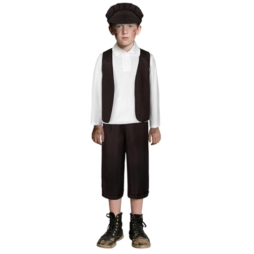 DiULi Disfraz de Niño Victoriano Pobre, 4 Piezas de Disfraces Castañero Niños, Chaleco Victoriana, Mangas Largas, Pantalones y Gorro, Traje de Época Pobre para Carnaval, Halloween, Mascarada (Talla M)