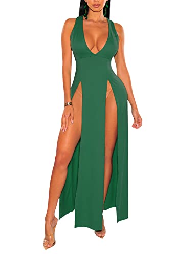 Image of Women's Sexy V Neck Sleeveless High Split Club Party Maxi Dresses