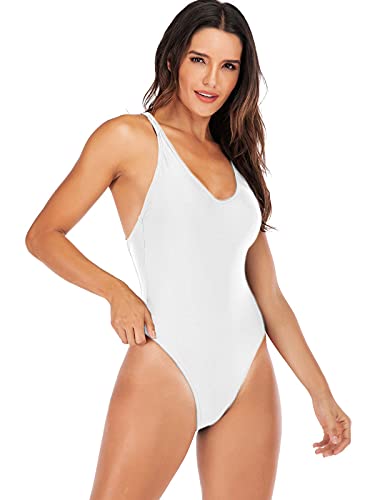 Yelaivp Women's Retro Scoop Neck One Piece Swimsuits High Cut Backless Bathing Suits Padded Swimwear White #TOP3