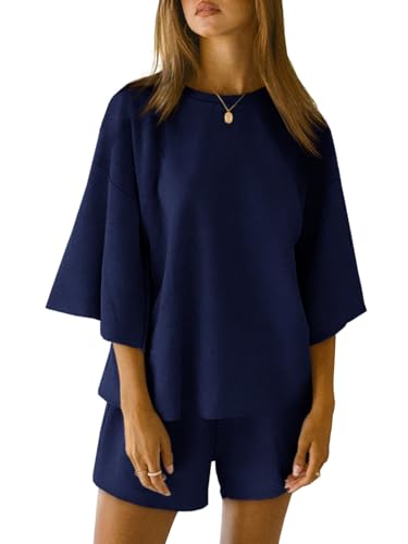 Image of Tankaneo Womens Pajama Sets 3 /4 Sleeve Oversized Tops & Loose Fit Shorts Lounge Set with Pockets Loungewear