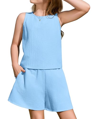 Arshiner Zweiteiler Mädchen Bekleidungssets Outfit Kinder Sommer Kleidungs set Lässige Mode Einfarbig Tanktop und Shorts Sets 2-teiliges Kleidungsset Outfits für Mädchen Blau 160 12-13 Jahre