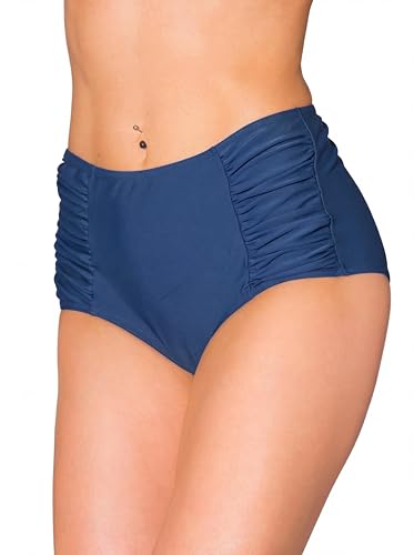 Aquarti Bikinihose Damen mit Hoher Taille und Raffung – Klassische Bikinihosen für Damen in Uni-Farben, Farbe: Dunkel Jeansblau, Größe: 44