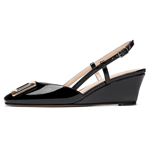 WAYDERNS Women's Square Toe Slingback Metal Rectangle Buckle Patent Wedge Low Heel Pumps Shoes 2 Inch2