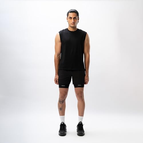 Image of Men's 2-in-1 Running Shorts | Built-in Compression Liner | 86% Nylon 14% Spandex | Zip Pockets | Anti-Chafe Quick-Dry | Reflective (in, Alpha, 2XL, Regular, Onyx Black)