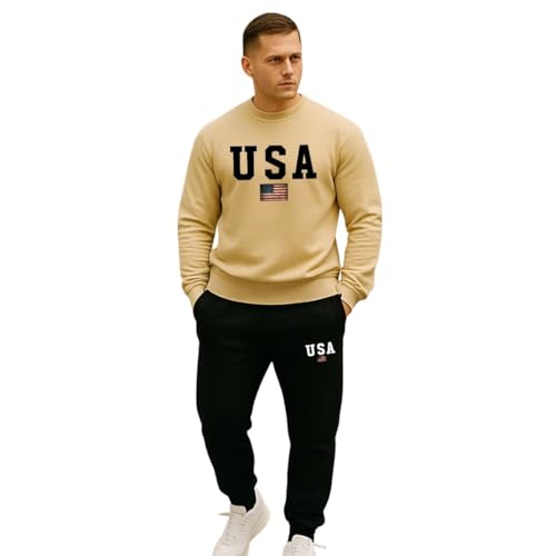 Conjunto Moletom Masculino USA Calça Jogger e Blusa Moletom Gola Careca (BR, Alfa, G, Regular, Regular, Padrão, Preto/Caqui)