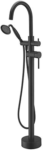 Wowkk Tub Filler Freestanding Bathtub Faucet Black Floor Mounted Brass Bathroom Tub Faucets with Hand Shower