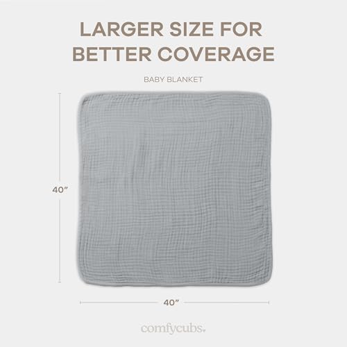 Image of Comfy Cubs Muslin Baby Blanket - Soft, Lightweight, 6-Layer Cotton Swaddle Blankets for Newborns, Infants & Toddlers - 40 inch x 40 inch Large, Breathable & Versatile for Sleeping & Tummy Time - Heather Blue