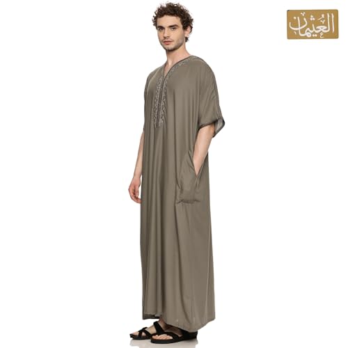 العثيمان Moroccan Men's Thobe | Embroidered Half Sleeve Kaftan | Round Neck Magribi Jalabiya For Mens | Comfortable Islamic Thobe for Daily Wear, Brown, 58