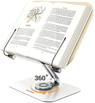 Amasrich Book Stand for Reading, Adjustable Holder with 360° Rotating Base & Page Clips, Foldable Desktop Ricer for Cookbook,Sheet Music,Laptop,Recipe,Textbook,Hands Free,Wood,Aluminium