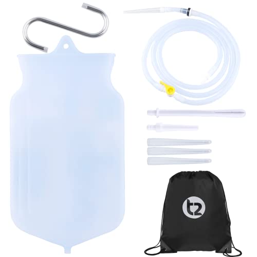 T2 Kit Enema - Bolsa de Silicona de Limpieza 2L con Marcas, Manguera 1,8 m con Válvula de Retención, Llave de Paso Para el Flujo - Boquilla Blanda y Dura, Gancho para Colgar, Bolsa de Almacenamiento