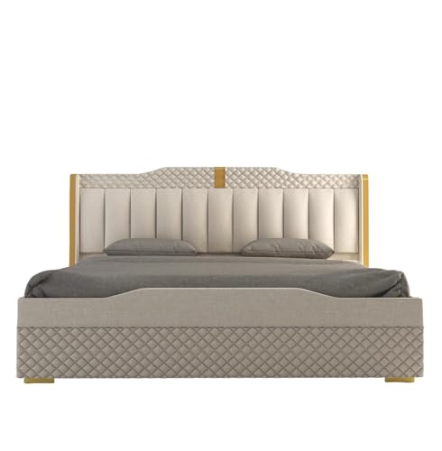 Image of Modern Upholstered Queen Size Bed with Storage | Double Bed with Box Storage & Upholstery Premium Fabric Headboard | Platform Bed for Bedroom & Hotel | Sheesham Wood | White, 6.5 x 5 Ft