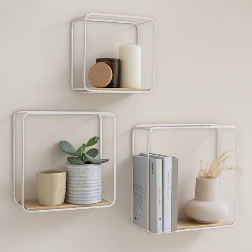 Kazai. Wandregal-Set -Jona- | 3-Teiliges Hängeregal aus Metall und Echtholz-Veneer | Wanddeko und Ablage für Bad, Wohnzimmer, Küche, Schlafzimmer und mehr | Birke, weiß Kazai. Wandregal-Set -Jona- | 3-Teiliges Hängeregal aus Metall und Echtholz-Veneer | Wanddeko und Ablage für Bad, Wohnzimmer, Küche, Schlafzimmer und mehr | Birke, weiß