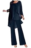 3 PC Chiffon Mother of The Bride Pants Suits with TieDark Navy Jacket Wedding Party Outfit Evening Dress Dark Navy US22W