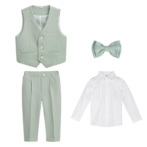 Bébé Garçon Gentleman Vêtements Ensemble, Enfant Mariage Baptême Tenue Fete Costume Ceremonie Chemises Haut Chemise Gilet Pantalon Nœud Papillon (Gris, 3-6 Mois