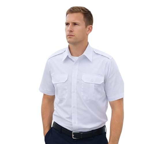 Maan Store Mens Pilot Shirts Short Sleeves Security Bus Driver Shirt with Shoulder Appellate Two Front Pockets, 16.5, White