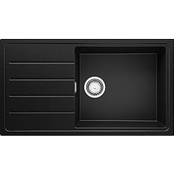 Fregadero Negro Con Escurridor Fregadero Cocina 90 x 50 cm, Fregadero Granito Un Seno + Sifón Clásico, Fregadero Empotrado con Escurridor de Primagran, Negro