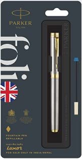 Caneta Tinteiro Parker Folio Aço com Dourado Ponta Fina