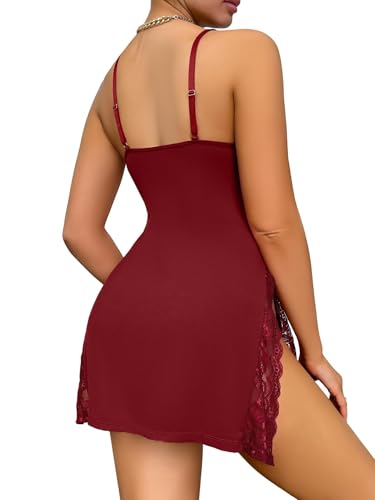 Image of Foxiny Sexy Split Side Floral Lace Trim Full Slip Night Gown Babydoll Lingerie Dress with Thong 2 piece