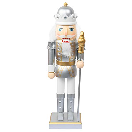 FUNPENY 14\" Christmas Decorative Nutcracker Figures, Wooden Silver King Hold Scepter, Festive Collectible Nutcracker Ornament Gift for Indoor Winter Table Desktop Fireplace Decorations