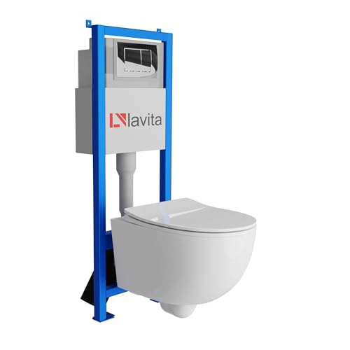 Lavita LAV 101 - Elemento da parete per WC 40 cm + parete sospeso WC BRAVA bianco senza bordi + pannello di controllo LAV 200.1.2 cromato | Set completo | Cassetta di risciacquo da incasso | WC