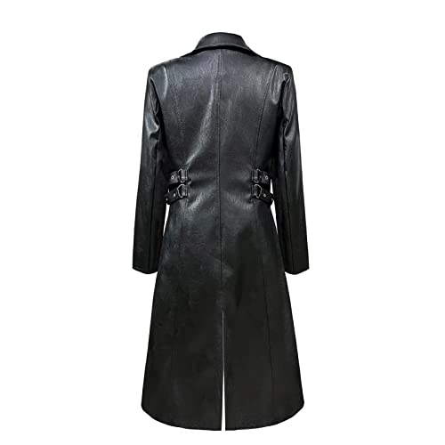 TZMAPU Men's Faux Leather Motorcycle Trench Coat Black Long Punk Jacket4