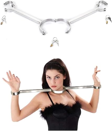 HSDwerwh SM Metall Bondage Lock Halskragen Handfesseln Edelstahl BDSM Fesseln Sexspielzeug für Paare Spreizstange Handschellen(Male)