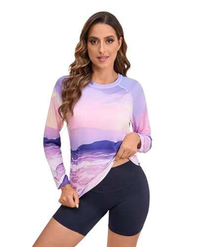 Eteoepo Women Rash Guard Long Sleeve Quick Dry Women's Rash Guard UPF 50+ Swim Shirts for Women(Purple Ocean,L)