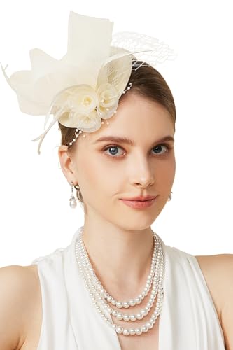 BABEYOND Fascinators Hats for Women - Mini Top Tea Party Hat Veil Feather Kentucky Fascinator Flower Mesh Hat Hair Clip Beige