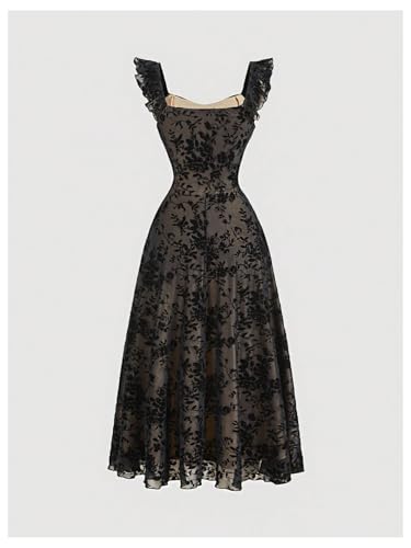 Verdusa Women's Floral Print Mesh A Line Sleeveless Long Dress Ruffle Hem Tank Dresses Black Medium2