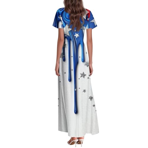 TWGONE Fourth of July Dresses for Women American Flag Patriotic High Waist Short Sleeve Maxi Summer Beach Dresses 20254
