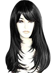 Kalyss 24" Black Synthetic Hair Wigs With Hair Bangs Middle Parting Long Straight Layered Natural Looking and Super Soft Heat Resistant None Lace Wigs