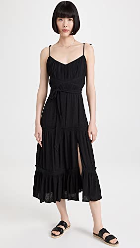 Image of PAIGE Women's Inesa Midi Dress Criss Cross Detail Tie Straps Thigh High Side Slit in Black