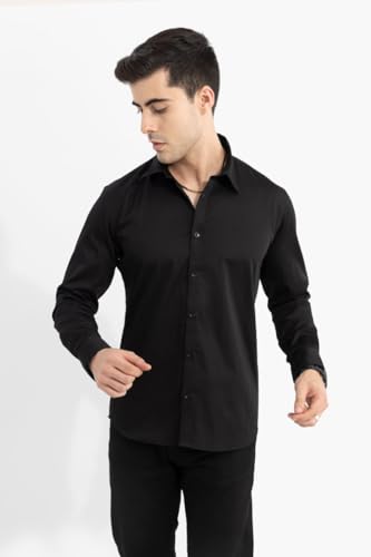 Image of SNITCH Men Shirt Formal Wear Slim Fit Full Sleeve Spread Collar Plain Style | Premium Satin Cotton Blend & Breathable Fabric for Office