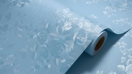 Image of Oceanic Blue Rose Flower Wallpaper Roll 45x300cm | Self-Adhesive Textured Floral Wall Sticker | Decorative Paper for Bedroom, Hallway & Living Room Walls