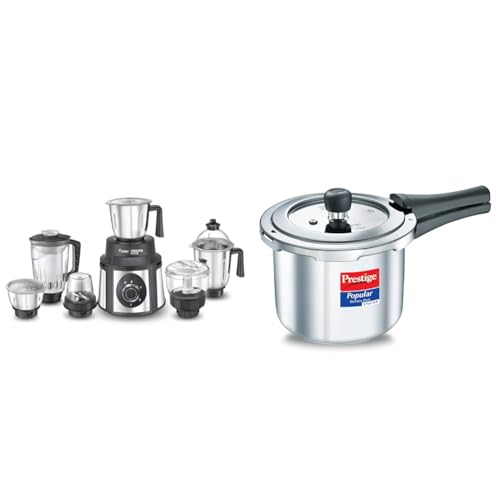 Image of Prestige Endura 1000W Mixer Grinder 6 Jars, Black & Silver And Popular Svachh Spillage Control Stainless Steel Outer Lid Pressure Cooker, 3 liter