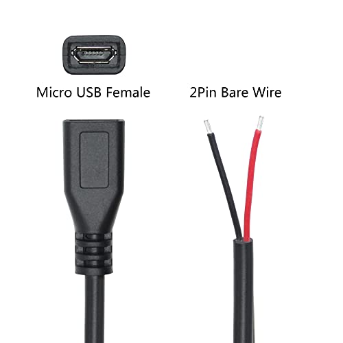Short Micro USB Female 2 Pin Bare Wire,30cm/11.8in Micro USB to Open End Pigtail Power Cable Easy Soldering,Micro USB 22AWG 3A for Micro USB Equipment Installed or Replace Repair DIY Cable(4Pcs)