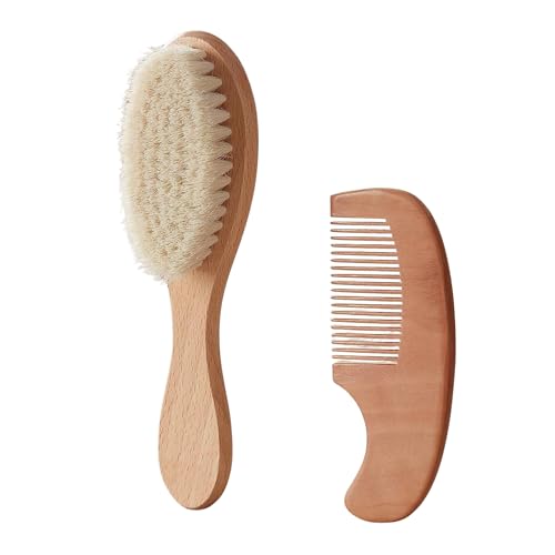Baby Hair Brush and Comb Set for Newborns – Soft Baby Brush Set with Gentle Goat Bristles – Ideal Newborn Hair Brush for Cradle Cap, Infant Scalp Care, and Baby Grooming – Perfect Baby Gift