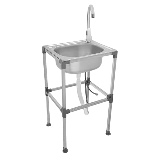 TESUGN Fregadero de acero inoxidable independiente, fregadero comercial con grifo caliente y frío, lavabo de un solo cuenco para cocina, lavandería, patio trasero, garaje, 42 x 37 x 75 cm