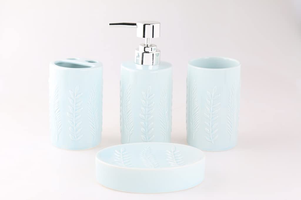 Orchid 4Pcs Ceramic Bath Set | Bathroom Accessories Set Includes Soap Dispenser, Toothbrush Holder, Tumbler, Soap Dish | Luxury Bath Accessory | Utility and Bathroom Decor. (Leaf)