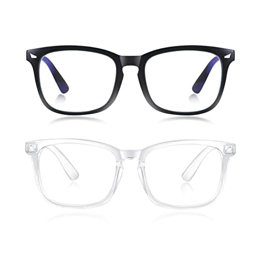 minlen 2 Pack Blue Light Glasses for Women or Men |Fashion UV Ray Filter Eyeglasses for Reading, PC and TV | Gaming Glasses Instantly Blocks Glare from Computers and Phone Screens(Black+Clear)