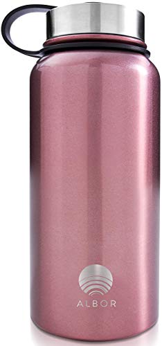ALBOR Insulated Water Bottle with Straw - 32 oz Water Bottles - Triple Insulated Stainless Steel Water Bottles with 4 Leak-Proof Lids and 2 Straws. Reusable Water Bottle, Rose Gold