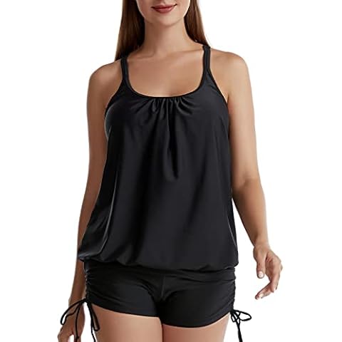 IHCEMIH Swimming Costume Women Tankinis Sets Push up Tummy Control High Waisted Swimwear Swimsuits Bathing Suit Beach Wear Women's String Two Pieces Black Blouson Tankini with Shorts for Ladies XL Cover