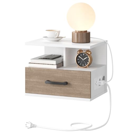 HOOBRO Mesilla de Noche Suspendida, Mesilla sobre Pared con Base de Carga y Cajón, Moderna Mesita Auxiliar, 1 Enchufe Estándar y 2 Puertos USB, 2 Modos de Montaje, Blanco y Gris EWG127CBZ01